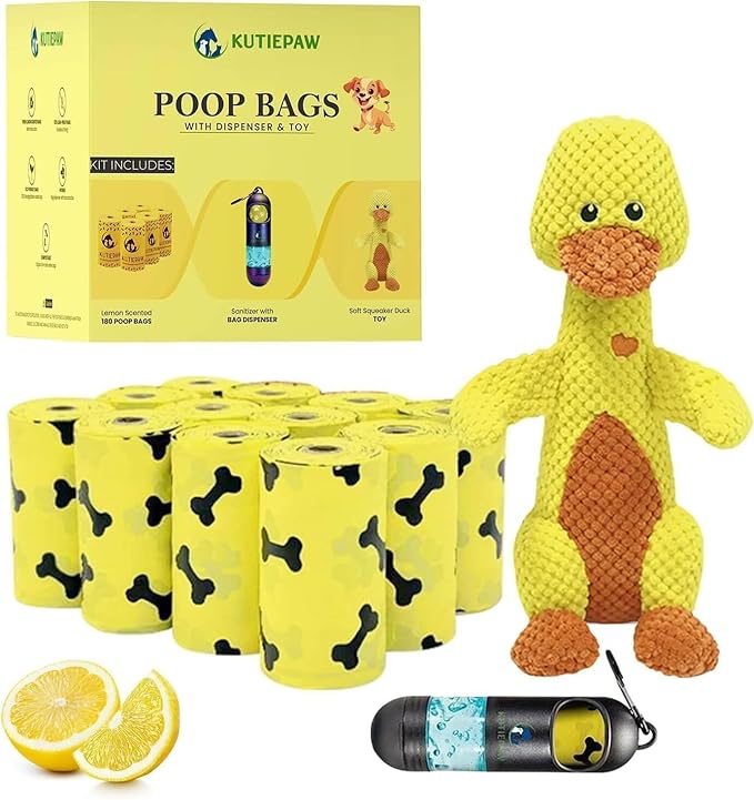 Dog Poop Bag Kit - 180 Biodegradable Lemon Scented Poop Bags for Dogs, Duck Plush Toy & Dispenser with Sanitizer - Leak Proof Extra Thick Compostable Dog Waste Bags for Eco-Friendly Walks