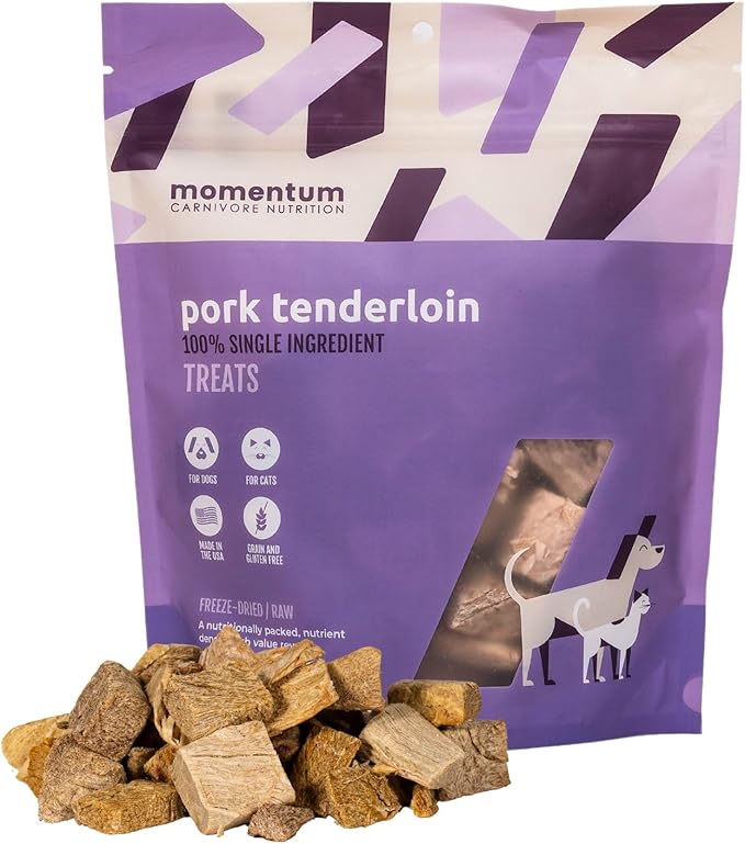 Momentum Carnivore Nutrition Freeze-Dried Pork Tenderloin Dog Treats – Single-Ingredient, Dog & Cat Treats – High-Protein, Grain-Free– 3.5 oz Bag