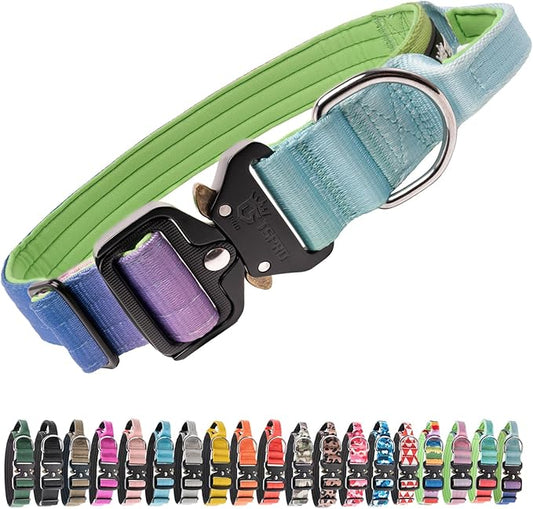 TSPRO Premium Dog Collars Tactical Dog Collar with Handle and Heavy Duty Quick-Release Metal Buckle Durable Thick and Adjustable for Medium to Large Dogs (Gradient Rainbow L)