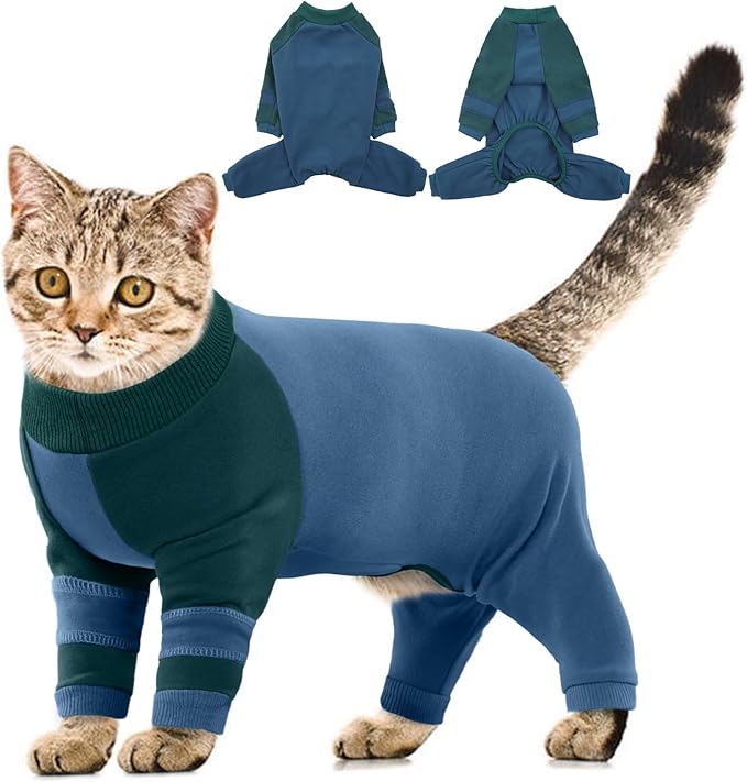 Sticky Hair Cat Clothes, Four-Leg Long Sleeve Cat Pajamas, Prevent Fur Shedding Kitten Onesie Shirts, Surgery Recovery Suit for Male Female, Wound Protection & Preventing Licking