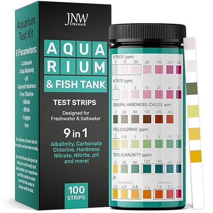 JNW Direct Aquarium Test Strips - 9-in-1 Aquarium Test Kit with eBook - Aquarium Water Test Kit with Quick and Accurate Fish Tank Test Strips - 100 Test Strips