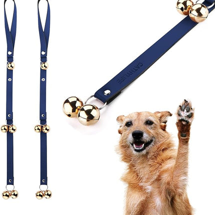 Leather Dog Doorbells for Door Knob/Potty Training/Go Outside, Length Adjustment Copper Dog Bell, Housetraining Hanging Bell, Blue Leather Golden Bells - 2 Pack