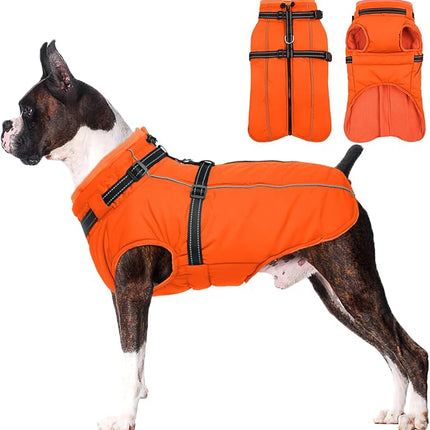Lelepet Dog Winter Coat Waterproof Dog Jacket with Harness Built in Windproof Reflective Pet Coats for Small Medium Large Dogs, Thermal Fleece Lined Coats for Cold Weather Walking Hiking, Orange, L