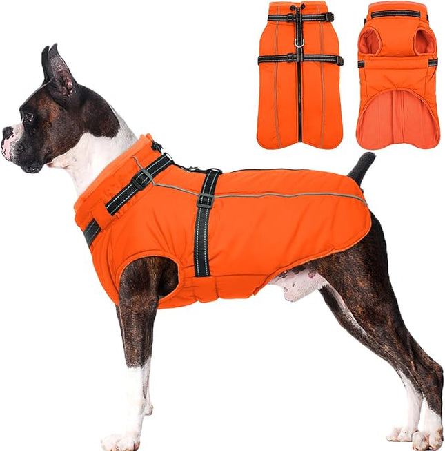 Lelepet Dog Winter Coat Waterproof Dog Jacket with Harness Built in Windproof Reflective Pet Coats for Small Medium Large Dogs, Thermal Fleece Lined Coats for Cold Weather Walking Hiking, Orange, XL