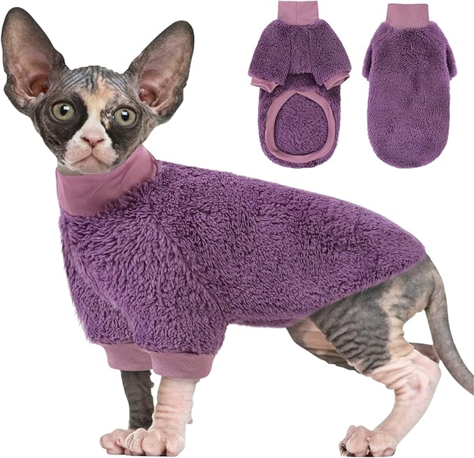 SUNFURA Sphynx Cat Sweater, Hairless Cats Turtleneck Pullover Kitten Sweaters for Cats Only, Warm and Soft Cat Pajamas Shirt with Sleeves Pet Winter Clothes Fleece Jumpsuit for Puppy, Purple L