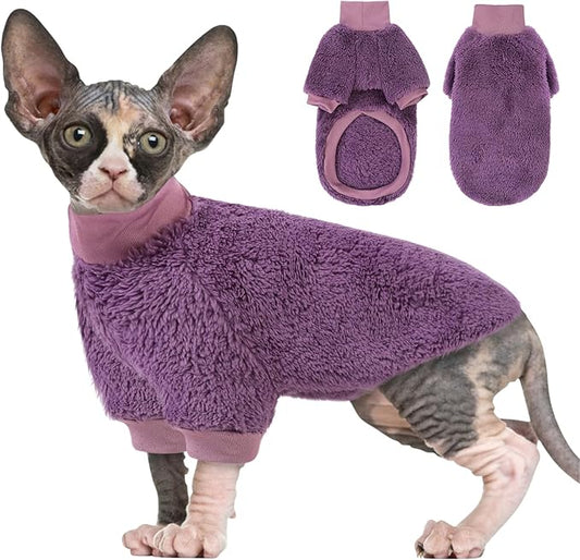 SUNFURA Sphynx Cat Sweater, Hairless Cats Turtleneck Pullover Kitten Sweaters for Cats Only, Warm and Soft Cat Pajamas Shirt with Sleeves Pet Winter Clothes Fleece Jumpsuit for Puppy, Purple M