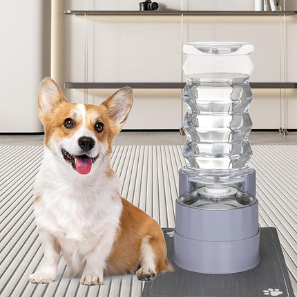 RIZZARI Large Water Dispenser for Dogs: 8L Gravity Gray Automatic Stainless Steel Waterer with Specialized Brush and Triple Filter - Raised Pet Feeder for Senior Dogs with Joint Pain in Bedroom Garden