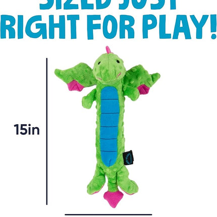 goDog Bubble Plush Skinny Dragons Squeaky Plush Dog Toy, Chew Guard Technology - Green, Large