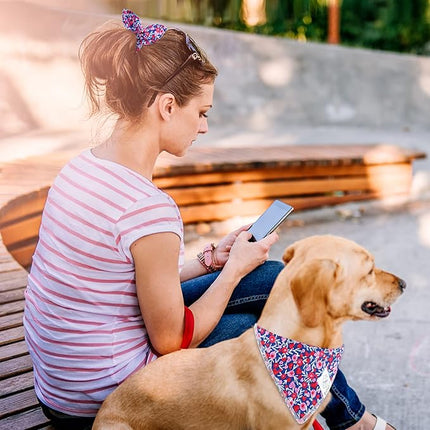 E-Clover Cute Girl Dog Bandanas & Matching Scrunchie Set Heart Dog Bandana Scarf with Bow Hair Ties for Medium Large Dogs Pet Owner Mom Gifts Pink Floral