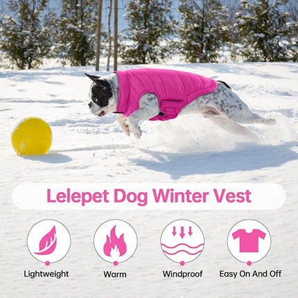 Lelepet Reversible Dog Coat Waterproof Dog Jacket Windproof Puffer Vest for Winter Warm Lightweight Coats for Small Dogs Adjustbale Hook & Loop Pet Apparel with Leash Hole, Pug, Rose Red, M