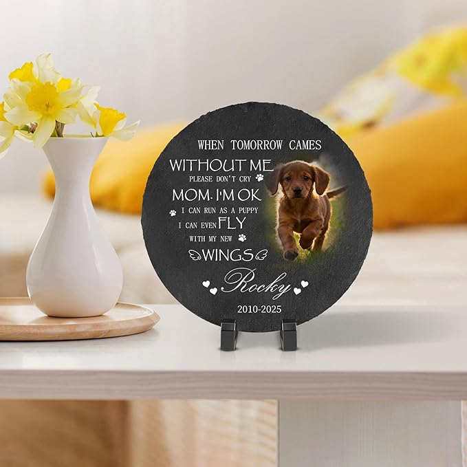 Ships Next Day Personalized Pet Memorial Stone for Loss of Dog Cat, Custom Photo Name Memory Headstone Garden Grave Marker Bereavement Sympathy Gift