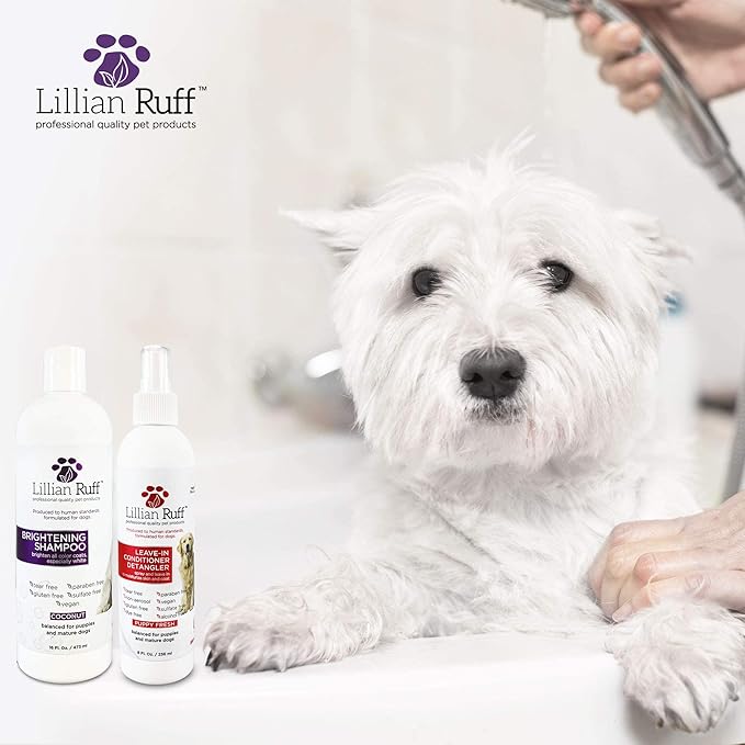 Lillian Ruff PRO Formula Ultra Brightening Dog Shampoo & Leave-in Conditioner Detangler Set - Professional Whitening, Stain Removal, Dematting, Detangling & Odor Control with Aloe & Provitamin B5
