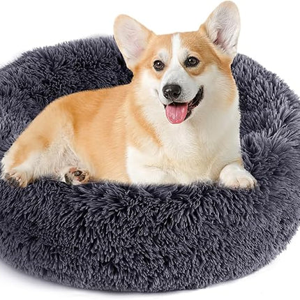 NOYAL Calming Donut Dog Bed for Small to Medium Dogs & Cats - Plush Faux Fur Anti-Anxiety Pet Bed with Machine Washable Cover & Non-Slip Base