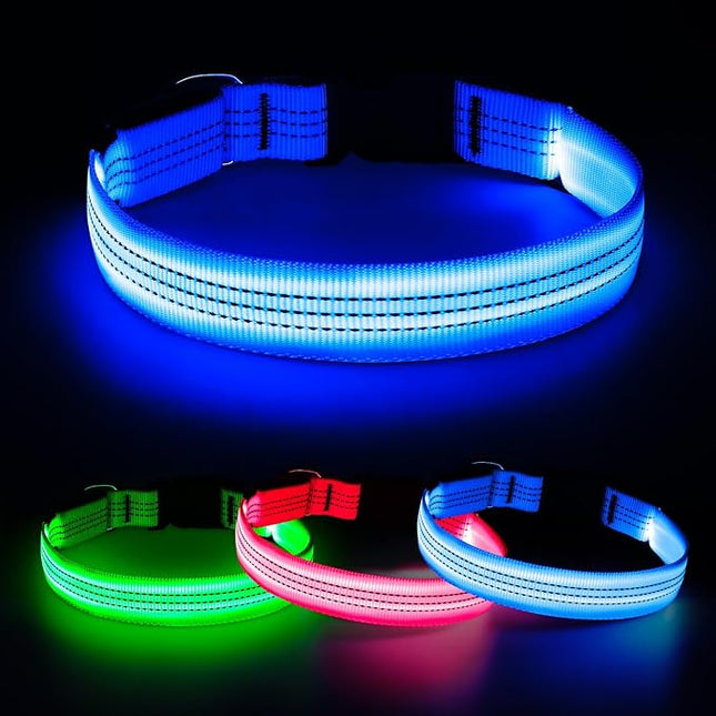 Light Up Dog Collar, USB Rechargeable LED Dog Collars Glow in The Dark, 3 Flash Mode Safety Collar Light for Nighttime Walking (Blue, L)