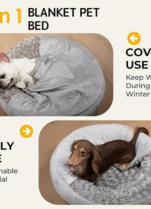 Cave Dog Bed with Blanket Donut Round Plush Cozy Cat Pet Bed for Puppy Machine Washable Removable Cover Cat Toy Anti-Slip Bottom Gray 26X26X8 inch