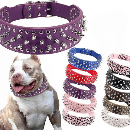 Hoot PU Leather Adjustable Spiked Studded Dog Collar 2" Wide 31 Spikes 52 Studs (S(Neck 17"-20"), Purple)