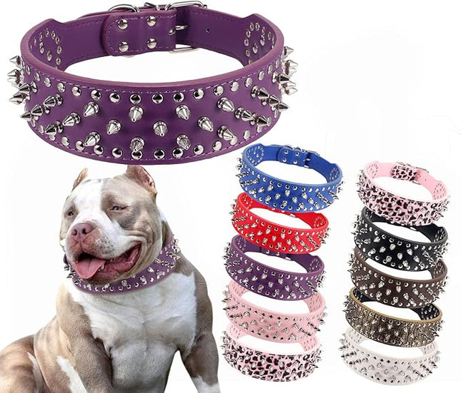 Hoot PU Leather Adjustable Spiked Studded Dog Collar 2" Wide 37 Spikes (M(Neck 19"-22"), Purple)