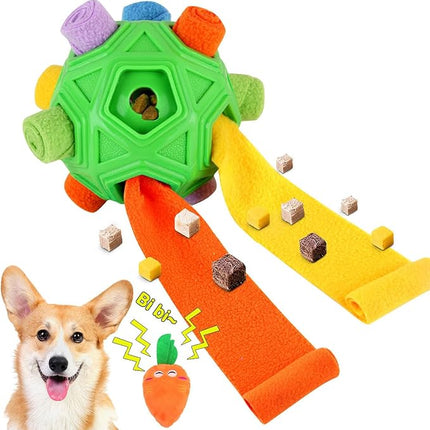 Dog Snuffle Ball-Interactive Puzzle Dog Toys Encourage Natural Foraging Skills Slow Feeder for Training and Stress Relief, Cloth Strip Hiding Food Chew Toys with Squeaky Carrot Toy for Any Size