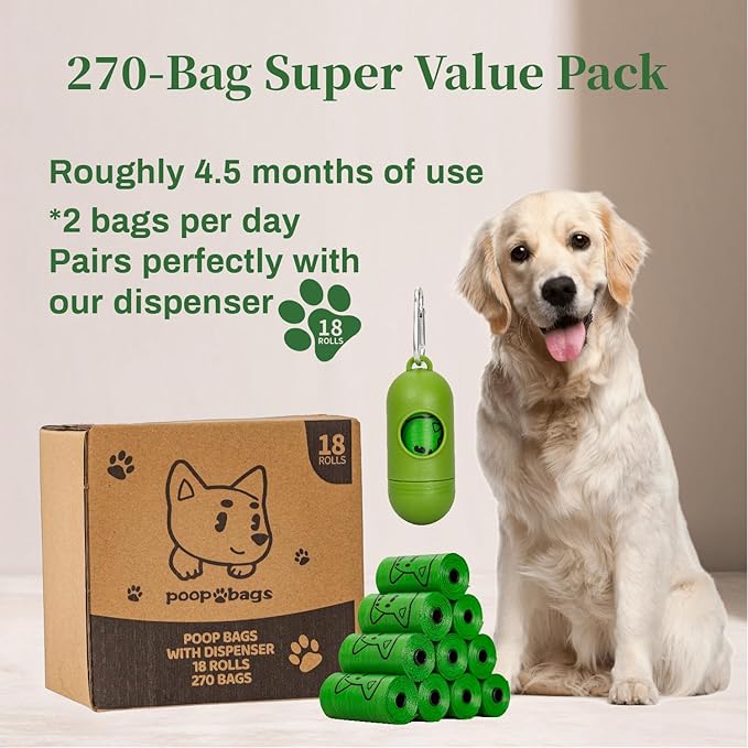270 Counts Dog Poop Bags Rolls with Dispenser & Leash Clip, Scented Poop Bags for Dogs Waste, Extra Thick & Leak Proof for Poop Doggie Puppy Pet Waste, 9" x 13", Green
