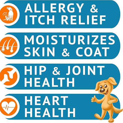 Omega 3 Fish Oil for Dogs (360Ct Peanut) - Skin&Coat Chews - Dry & Itchy Skin Relief + Allergy Support - Shiny Coat - EPA&DHA Fatty Acids - Salmon Oil Chews Promotes Heart Support