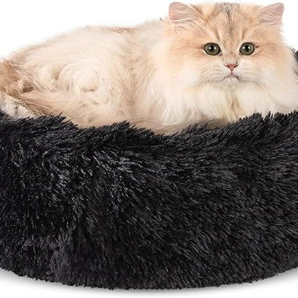 Dog Calming Beds for Small Medium Large Dogs - Round Donut Washable Puppy Dog Bed, Anti-Slip Faux Fur Fluffy Donut Cuddle Anxiety Cat Pet Bed(16'' Black)