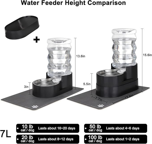 RIZZARI Automatic Cat Water Dispenser: Black 7L Elevated - Stainless Steel Gravity Feeder with Specialized Brush and Triple Filtration - Splash Guard Mat - Use in Bedroom and Livingroom