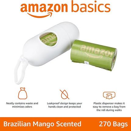 AmazonBasics Enhanced Dog Waste Bag with Dispenser and Leash Clip - 270 Count, Brazilian Mango