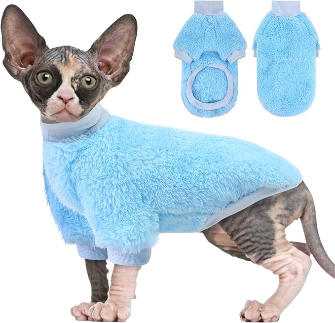 SUNFURA Sphynx Cat Sweater, Hairless Cats Turtleneck Pullover Kitten Sweaters for Cats Only, Warm and Soft Cat Pajamas Shirt with Sleeves Pet Winter Clothes Fleece Jumpsuit for Puppy, Blue S