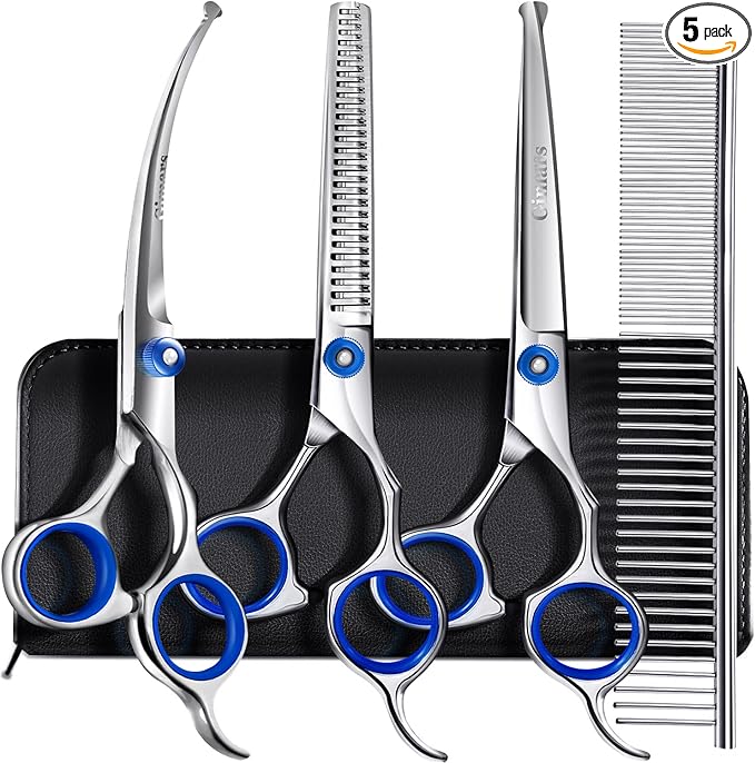 Gimars Professional 5 in 1 Grooming Scissors for Dogs 4CR with Safety Round Tip, Heavy Duty Titanium Coated Straight & Thinning & Curved Shears