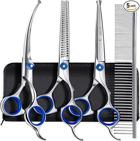 Gimars Professional 5 in 1 Grooming Scissors for Dogs 4CR with Safety Round Tip, Heavy Duty Titanium Coated Straight & Thinning & Curved Shears