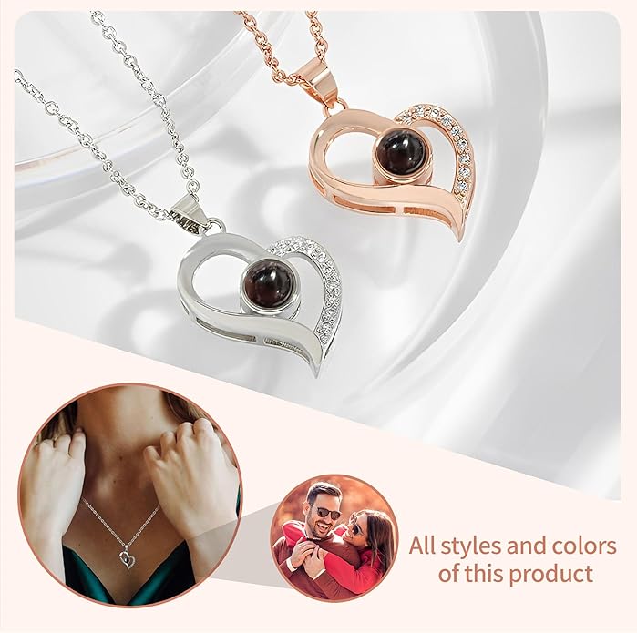 Easycosy Personalized Picture Necklace Projection Necklace with Photo Inside - Custom Photo Heart Pendant Necklace - Photo Gifts Valentines Birthday Love Memorial Gifts for Girlfriend Wife Women