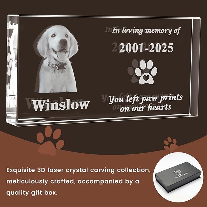 3D Crystal Pet Memorial Stone, Custom Laser Engraved Photo Remembrance Block with Gift Box, Pet Loss Sympathy Gift