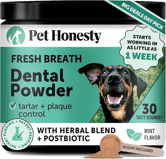 Dog Breath Freshener Dental Powder for Teeth Cleaning Plaque Off, Dental Care for Dogs, Tartar Remover for Teeth with Natural Herbal Blend + Postbiotics (Mint - 30 Servings)