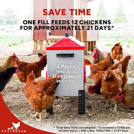 RentACoop Flock Feeder 65 lb - Large Capacity, Weatherproof Metal 6-Port Feeder for Adult Chickens, Turkeys, Ducks, and More