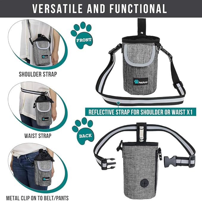 PetAmi Dog Treat Pouch, Large Pet Training Treat Pouch with Pocket, Dog Trainer Essentials Supply Holder with Poop Bag Dispenser, Training Bag for Kibbles Toys, 3 Ways to Wear (Gray)