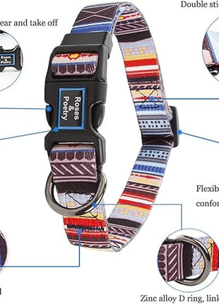 Roses&Poetry Dog Collar with Colourful Stripe Patterns, Adjustable Durable Puppy Collars for Small Medium Large Dogs (Stripe-L)