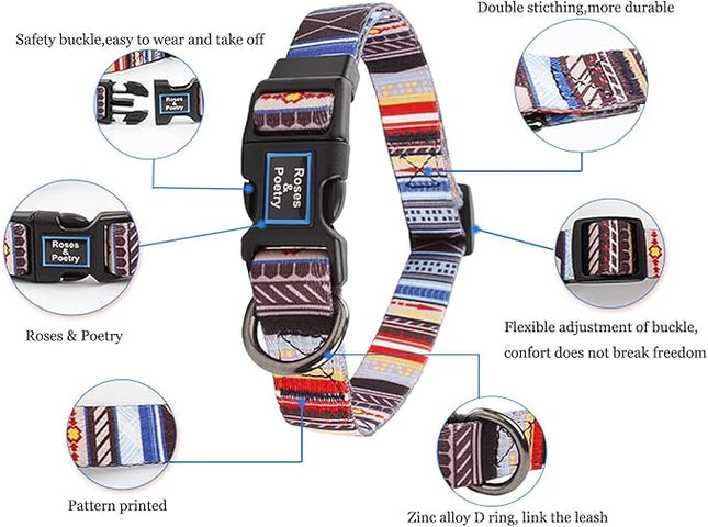 Roses&Poetry Dog Collar with Colourful Stripe Patterns, Adjustable Durable Puppy Collars for Small Medium Large Dogs (Stripe-XS)