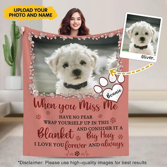 Custom Pet Memorial Blanket with Photo,Personalized Dog/Cat Loss Sympathy Gift,Pet Loss Bereavement Remembrance Gifts,Flannel Throw Blanket with Pictures (Dark Pink)