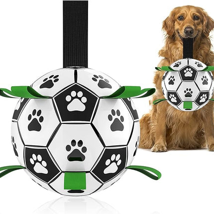 QDAN Dog Toys, Soccer Ball with Straps, World Cup Interactive Toys for Tug of War, Puppy Birthday Gifts, Water Toy, Durable Dog Balls for Medium Large (8 Inch)