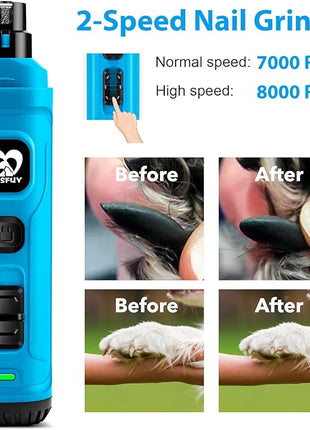 Casfuy Dog Nail Grinder with 2 LED Light - New Version 2-Speed Powerful Electric Pet Nail Trimmer Professional Quiet Painless Paws Grooming & Smoothing for Small Medium Large Dogs(Bright Blue)