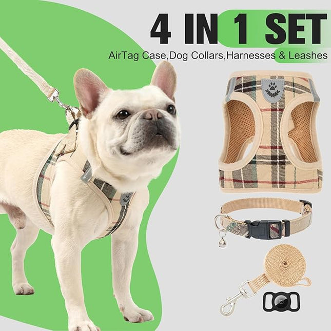 EXPAWLORER Plaid Small Dog Harness and Leash Set with AirTag Holder - Soft Padded Step in Dog Vest Harness Medium Sized Dog, No Pull Reflective Puppy Harness, Collar and Leash for Walking, Khaki S