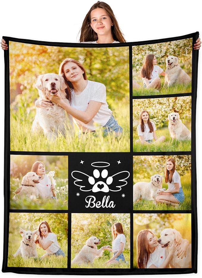 Personalized Pet Memorial Throw Blanket with Photo-Pet Memorial Gifts for Dogs Cats Loss of Dog Sympathy Gift Bereavement Remembrance Passing Away Gifts (8-Photo)
