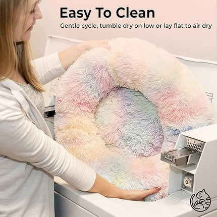 Cat Bed for Indoor Cats and Small Medium Dogs - Washable 20/24 Inches, Anti-Anxiety Round Fluffy Plush Faux Fur, Thick Bottom (Rainbow, Medium)
