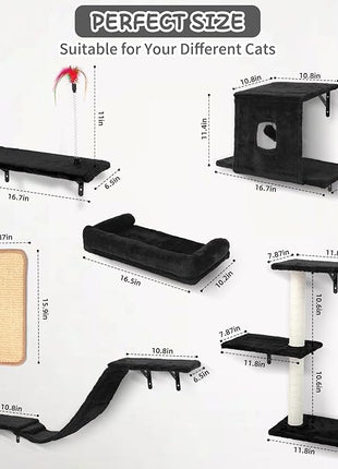 Cat Wall Shelves, 6 in 1 Cat Wall Furniture Set with Condos House, Bed, Bridge, Tree, Steps, Scratching Board, DIY Walls Playground for Indoor (Black)