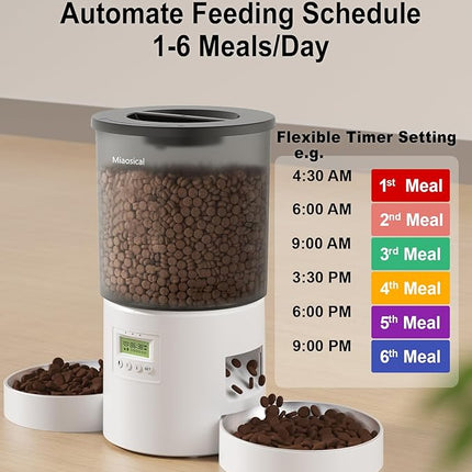 Automatic Cat Feeder for 2 Cats, 4.2L Dual Food Dispenser, Up to 6 Meals/Day, Portion Control, Voice Message, Dual Power Options (Transparent+White, Dual Stainless Steel Bowls)
