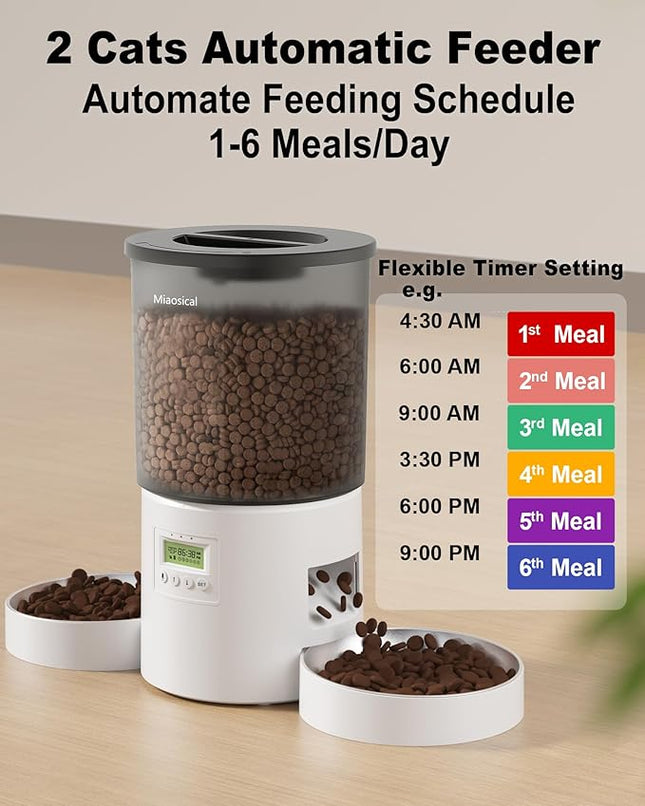 Automatic Cat Feeder for 2 Cats, 4.2L Dual Food Dispenser, Up to 6 Meals/Day, Portion Control, Voice Message, Dual Power Options (Transparent+White, Dual Stainless Steel Bowls)
