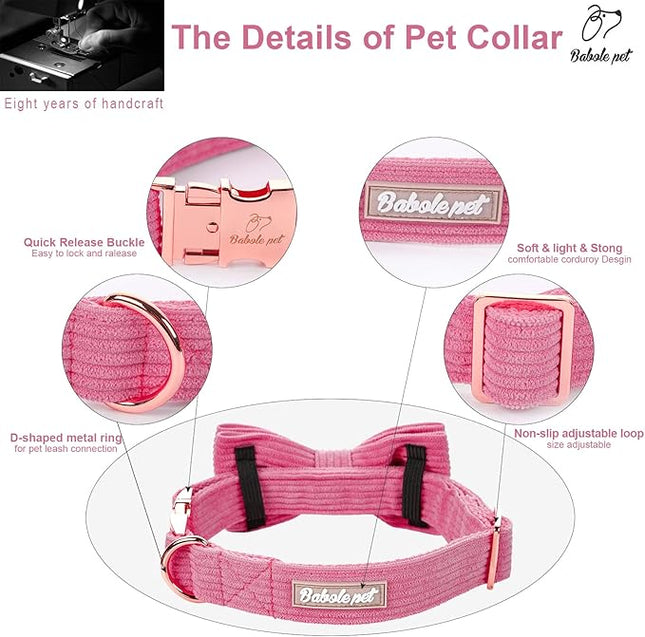 Hot Pink Dog Collars for Large Dog,Cute Corduroy Dog Collar with Bow Tie Safety Metal Buckle Adjustable Puppy Collars for Small Medium Large Boy&Girl Dogs,L-Neck 16"-24"