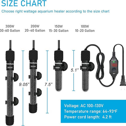 YukiHalu Small Submersible Aquarium Heater, Adjustable Mini Fish Tank Heater 25W 50W 100W 200W 300W with External Temperature Controller, LED Display, Used for 5/10/20/40/60 Gallons (300 Watt)