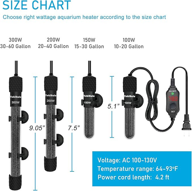 YukiHalu Submersible Aquarium Heater 100W 150W 200W, Adjustable Mini Fish Tank Heater, Small Size, Overheating Protection, External Controller, Used for 0.5-40 Gallons(100W)