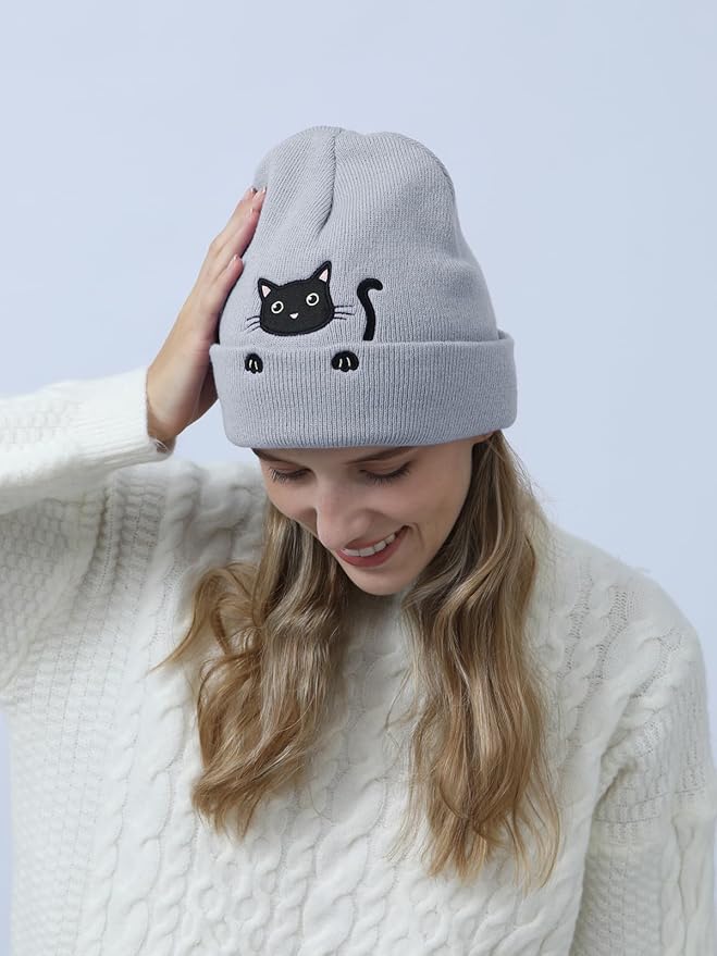Women’s Cat Beanie Cute Cat Lover Gifts Animal Knitted Hats Christmas Stocking Stuffers for Women Girls